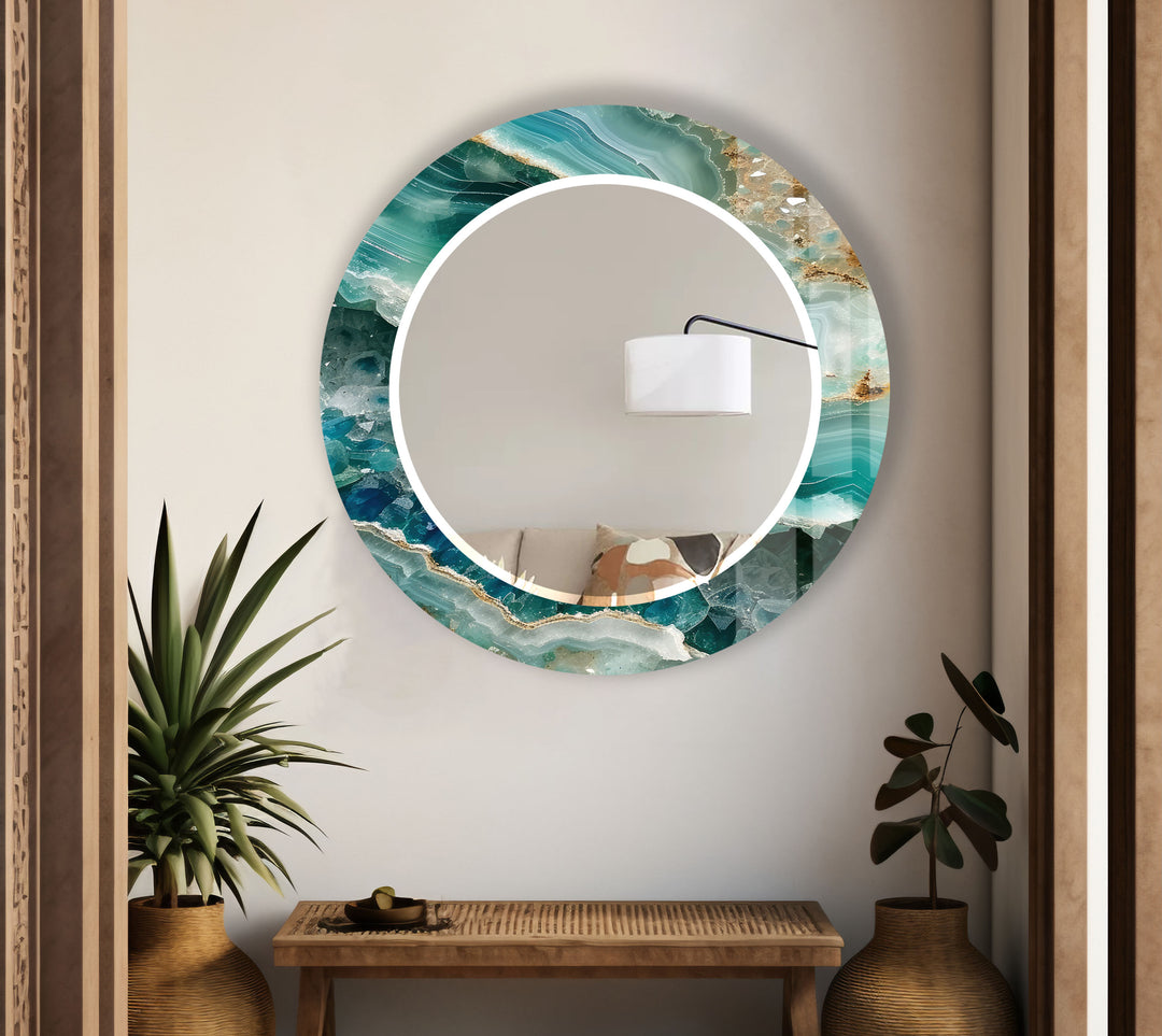 Green Agate Round Wall Mirror – Gemstone Pattern Glass Frame for Boho Interiors
