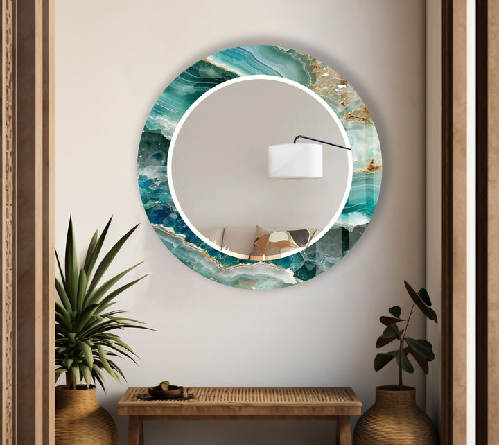 Green Agate Round Wall Mirror – Gemstone Pattern Glass Frame for Boho Interiors