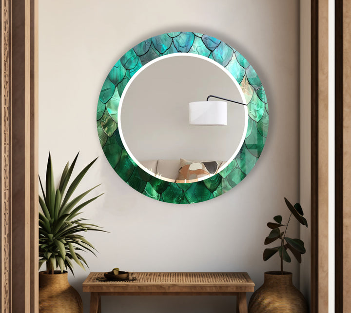 Green Mosaic Round Mirror – Leaf Texture Frame for Natural Decor