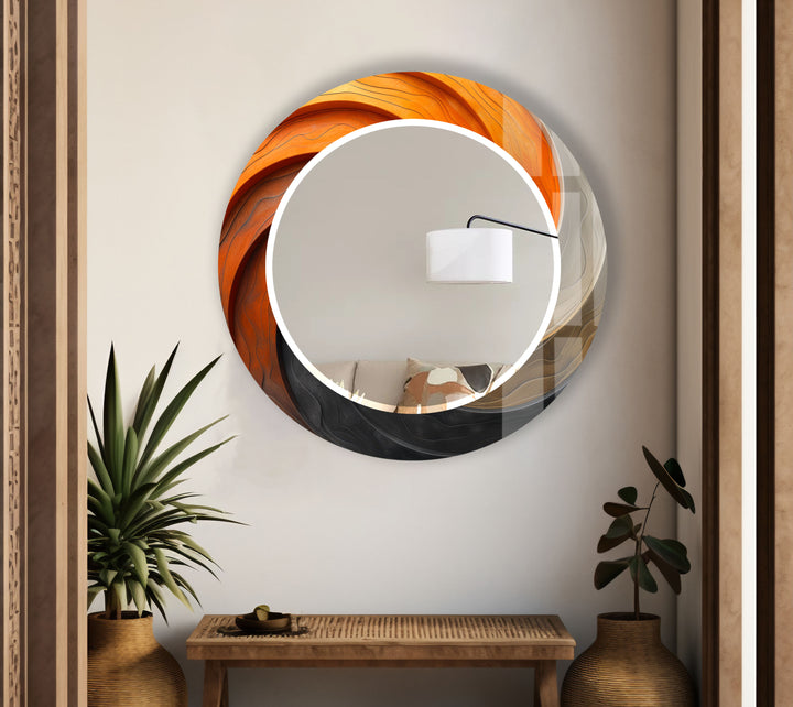 Modern Ombre Swirl Round Wall Mirror – Orange Black Frame for Contemporary Decor