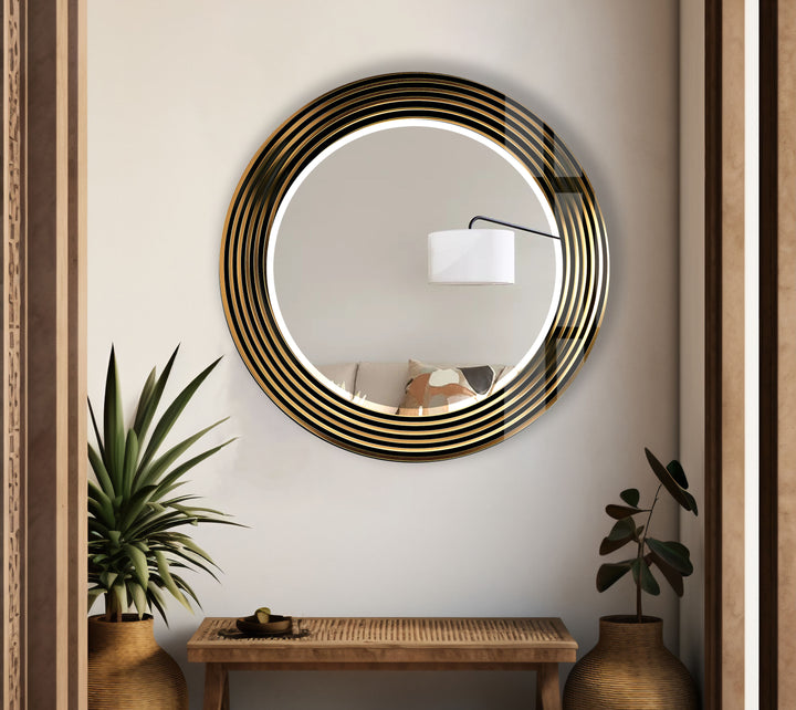 Modern Round Wall Mirror with Gold Striped Frame – Elegant Glass Decor for Living Room