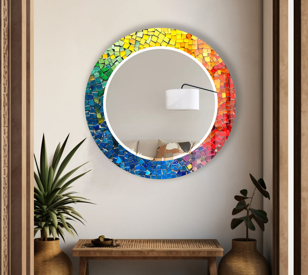 Rainbow Glass Mosaic Mirror – Vibrant Round Accent for Wall Decor