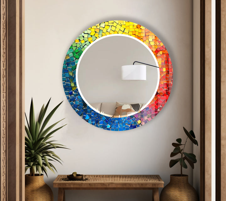Rainbow Glass Mosaic Mirror – Vibrant Round Accent for Wall Decor