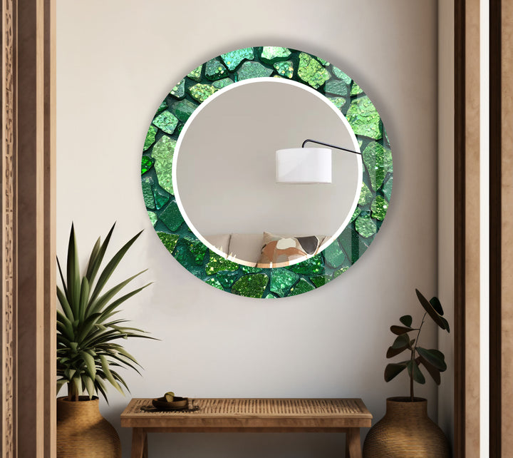 Emerald Mosaic Round Mirror – Green Gem Frame for Modern Wall Decor