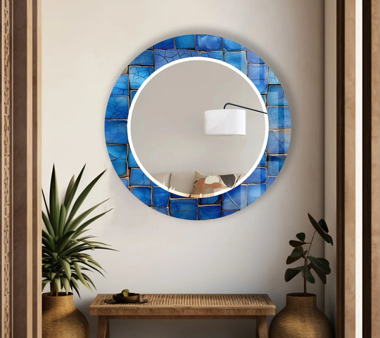 Blue Mosaic Round Wall Mirror – Coastal Glass Frame for Modern Home Decor - MyPhotoStation