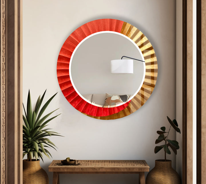 Sunburst Ombre Round Wall Mirror – Red & Gold Frame for Modern Decor