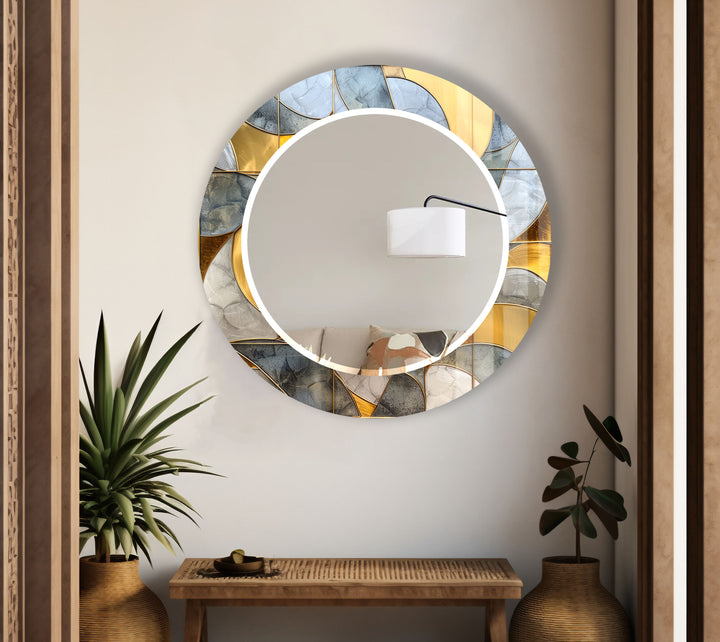 Gold & Blue Round Wall Mirror – Abstract Glass Frame for Decor