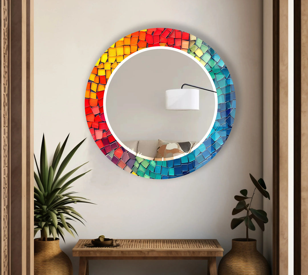Rainbow Tile Mosaic Mirror – Colorful Round Glass for Wall Decor - MyPhotoStation
