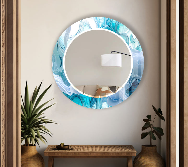 Aqua Blue Swirl Round Wall Mirror – Ocean-Inspired Glass Frame for Coastal Home Decor