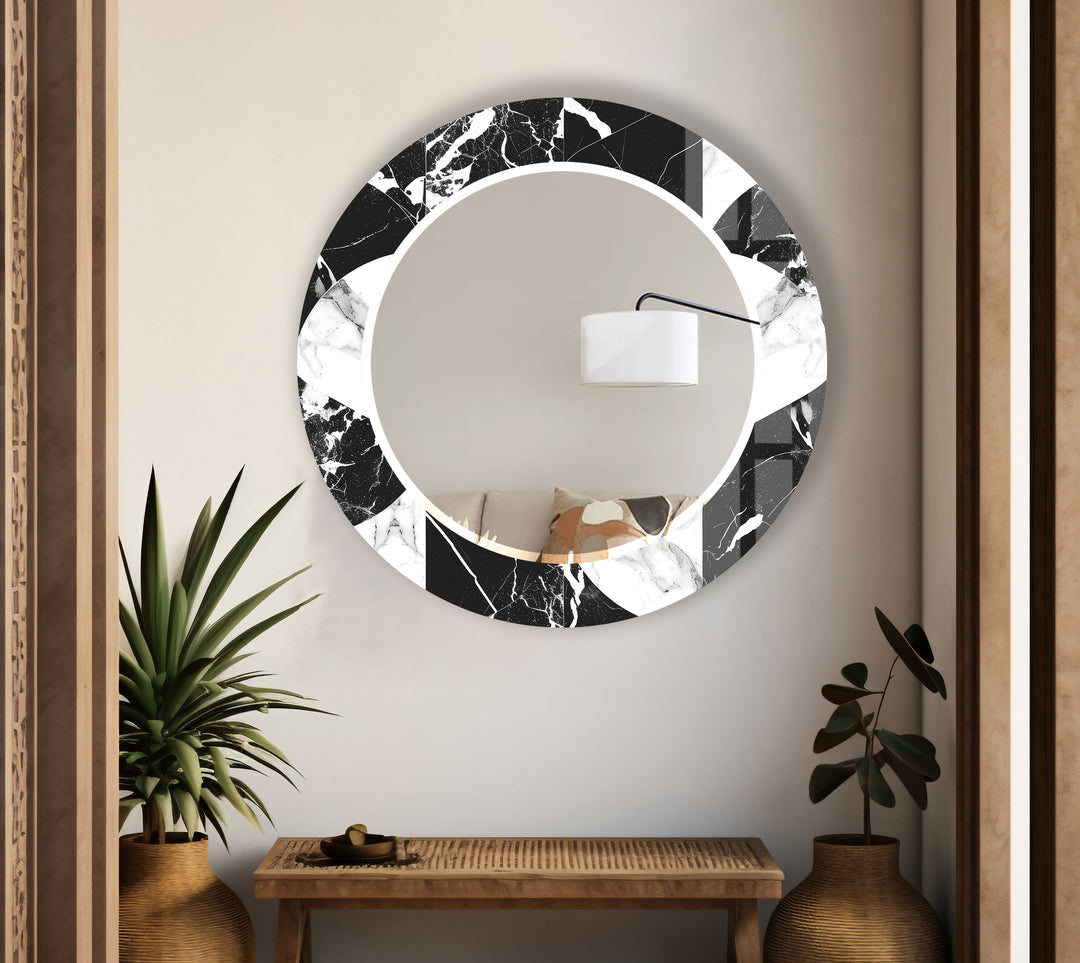 Black & White Marble Round Mirror – Elegant Modern Wall Accent