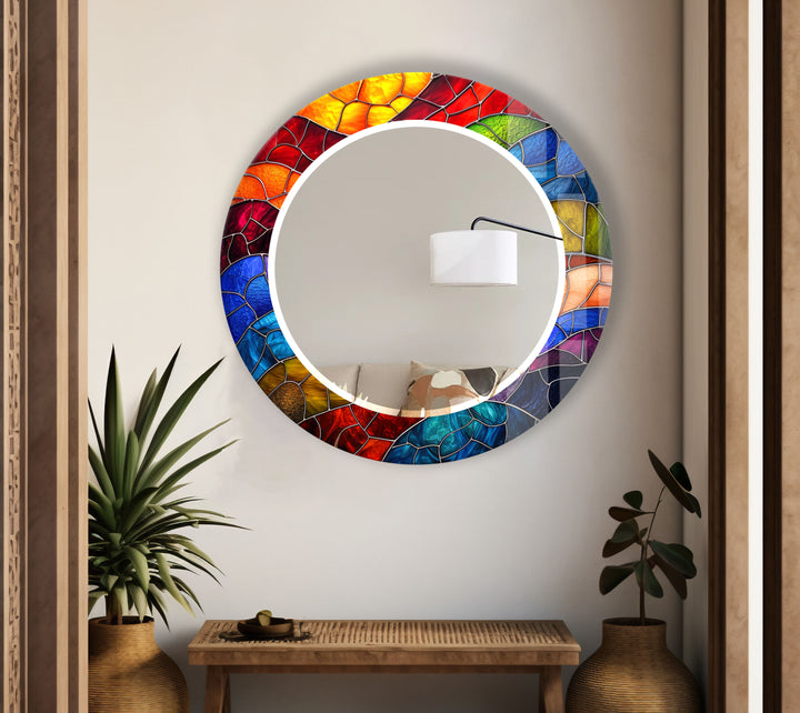 Colorful Stained Glass Round Mirror – Mosaic Frame Wall Accent