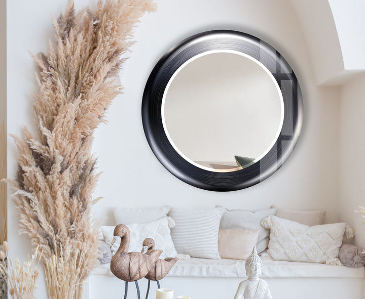 Modern Round Glass Wall Mirror – Sleek Black Frame, Minimalist Living Room Accent