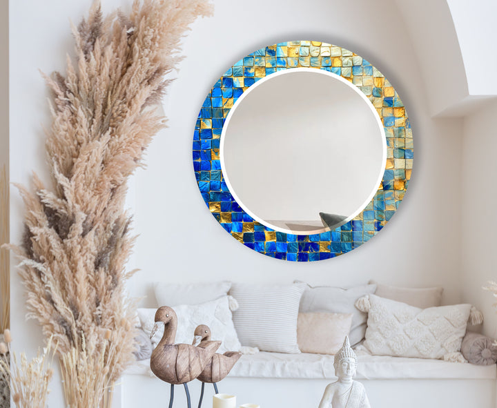 Blue & Gold Mosaic Round Mirror – Elegant Wall Accent for Homes