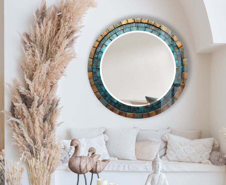 Runder Wandspiegel mit türkis-goldenem Mosaik – Rustikaler Boho-Glasrahmen für die Inneneinrichtung 