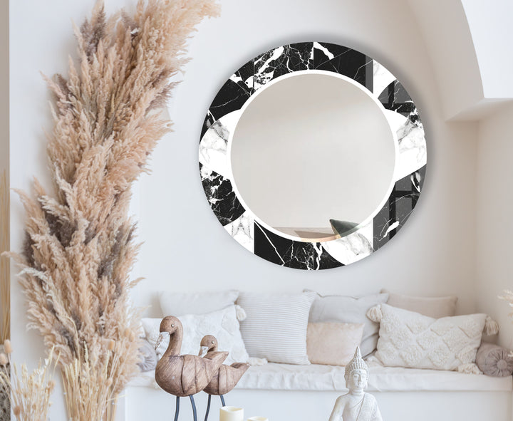 Black & White Marble Round Mirror – Elegant Modern Wall Accent