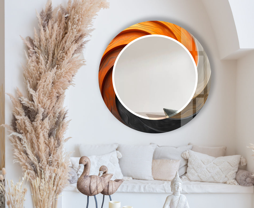 Modern Ombre Swirl Round Wall Mirror – Orange Black Frame for Contemporary Decor