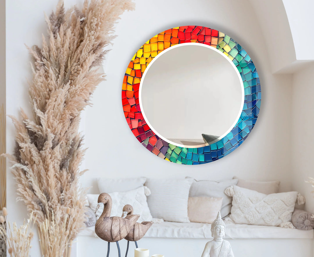 Rainbow Tile Mosaic Mirror – Colorful Round Glass for Wall Decor - MyPhotoStation
