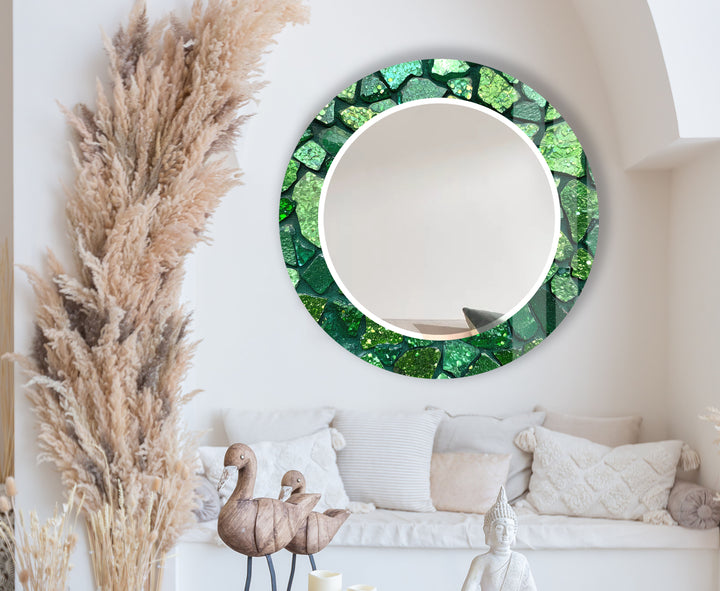 Emerald Mosaic Round Mirror – Green Gem Frame for Modern Wall Decor