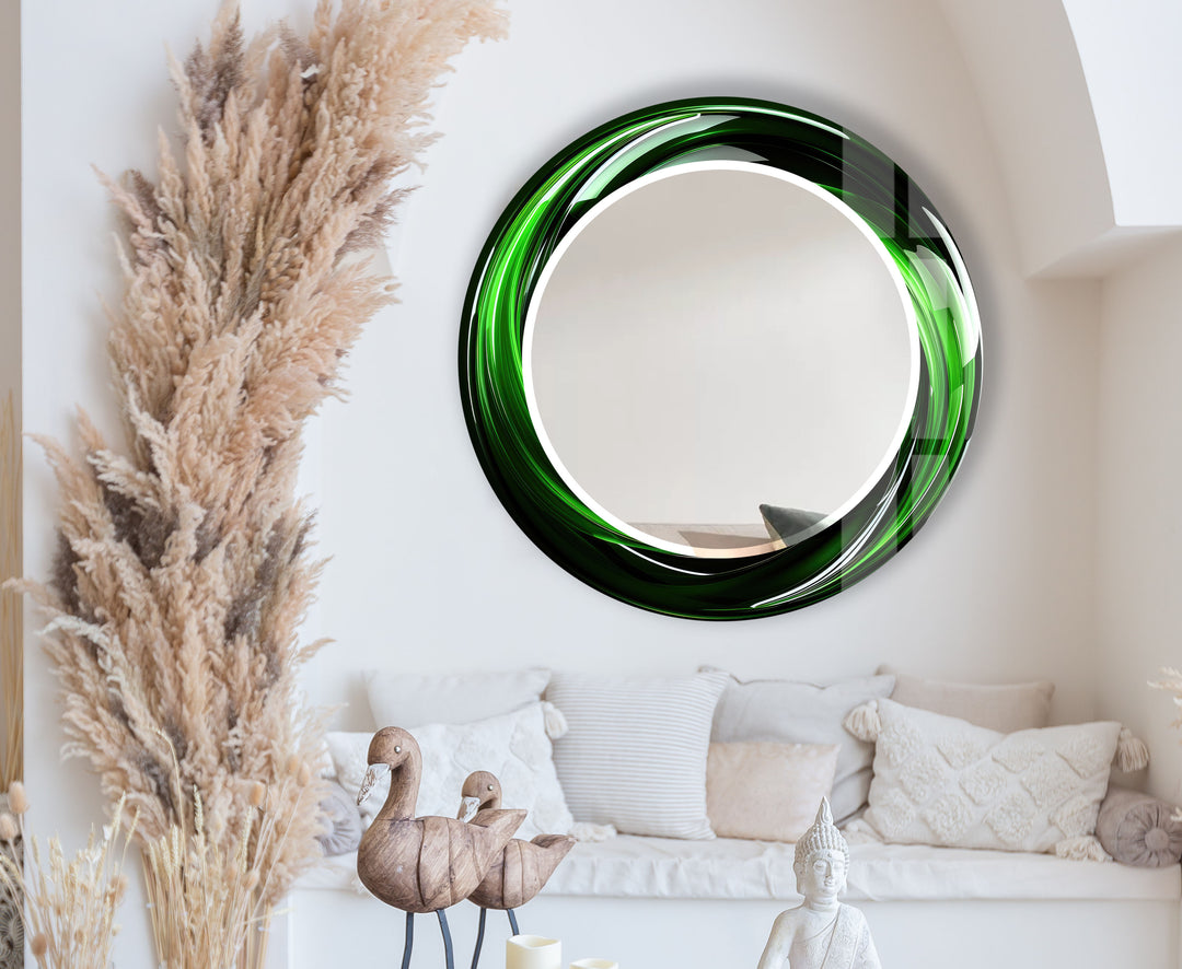 Green Swirl Round Mirror – Bold Glass Frame for Modern Wall Decor