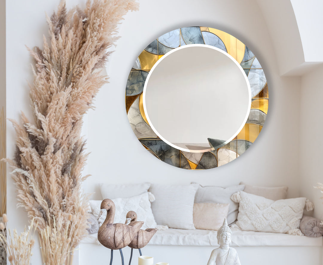 Gold & Blue Round Wall Mirror – Abstract Glass Frame for Decor