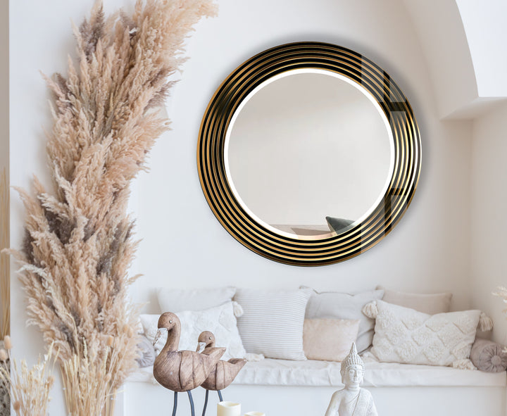 Modern Round Wall Mirror with Gold Striped Frame – Elegant Glass Decor for Living Room