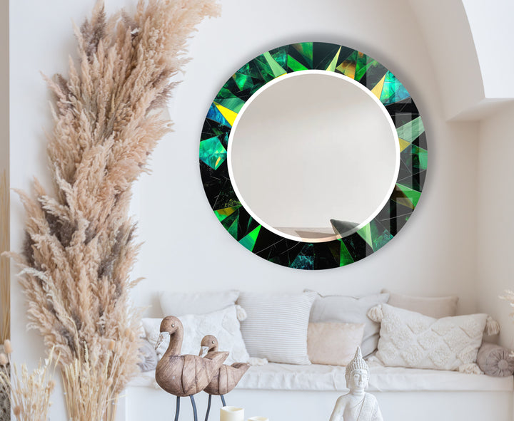 Emerald Geometric Round Mirror – Green Faceted Frame Wall Decor