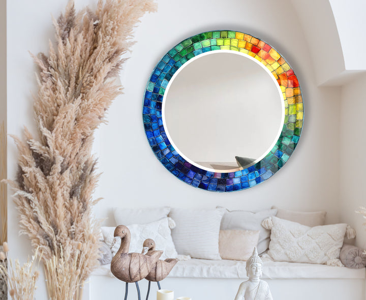 Rainbow Mosaic Glass Wall Mirror – Vibrant Round Frame Accent