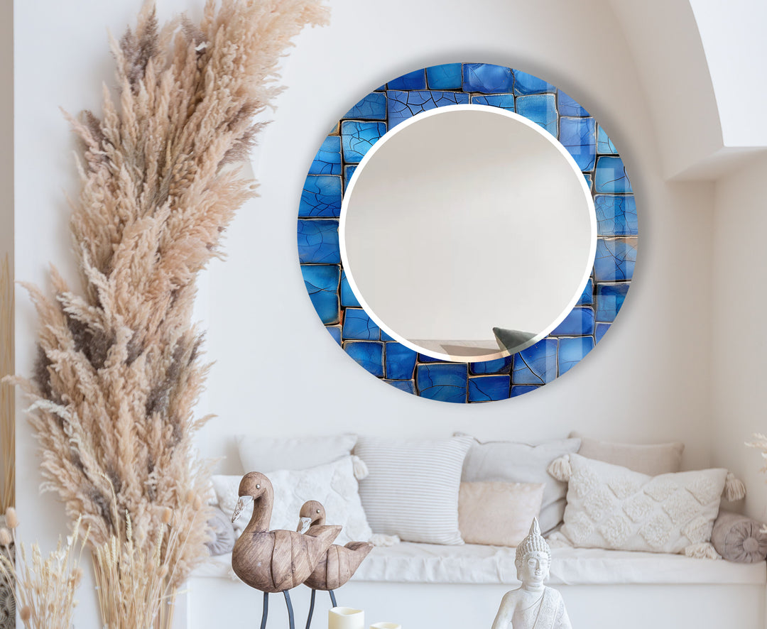 Runder Wandspiegel mit blauem Mosaik – Küstenglasrahmen für moderne Wohndekoration