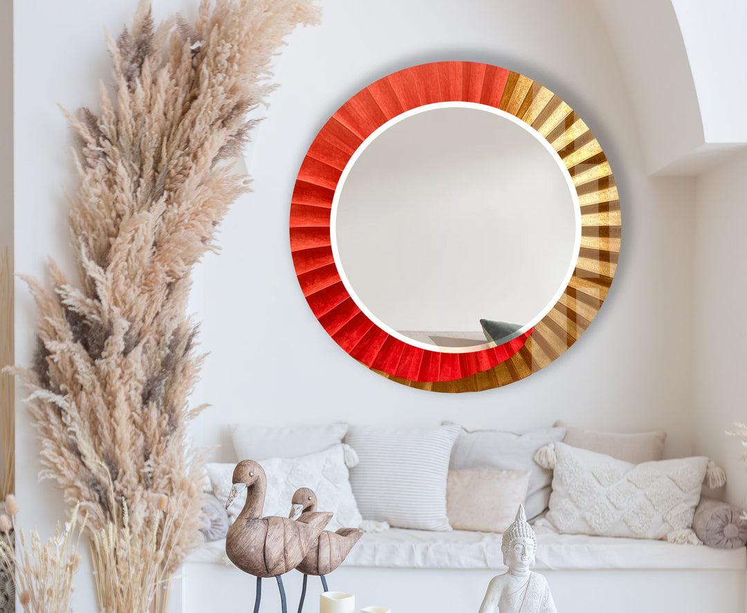 Sunburst Ombre Round Wall Mirror – Red & Gold Frame for Modern Decor