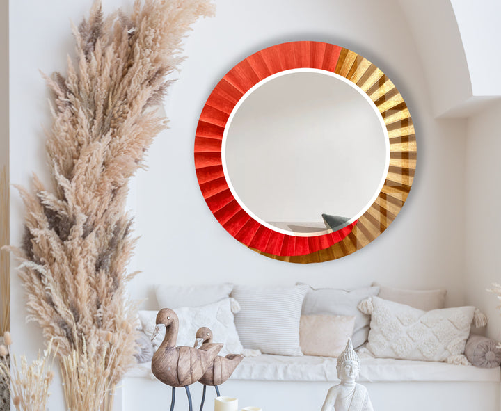 Sunburst Ombre Round Wall Mirror – Red & Gold Frame for Modern Decor