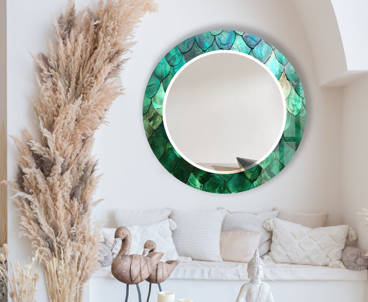 Green Mosaic Round Mirror – Leaf Texture Frame for Natural Decor