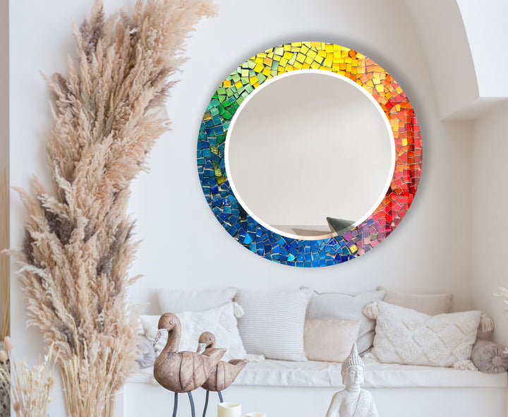 Rainbow Glass Mosaic Mirror – Vibrant Round Accent for Wall Decor