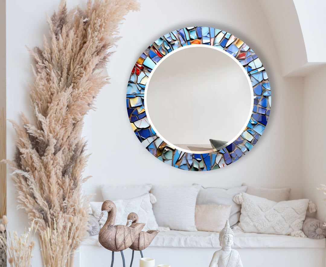 Blue Mosaic Round Mirror – Artistic Frame for Modern Wall Decor