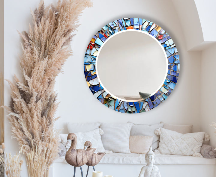 Blue Mosaic Round Mirror – Artistic Frame for Modern Wall Decor