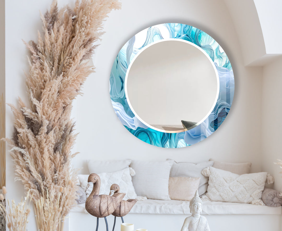 Aqua Blue Swirl Round Wall Mirror – Ocean-Inspired Glass Frame for Coastal Home Decor