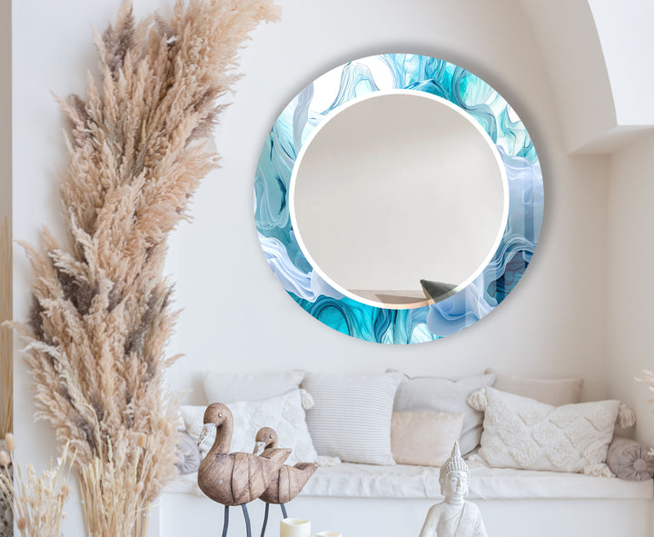 Aqua Blue Swirl Round Wall Mirror – Ocean-Inspired Glass Frame for Coastal Home Decor
