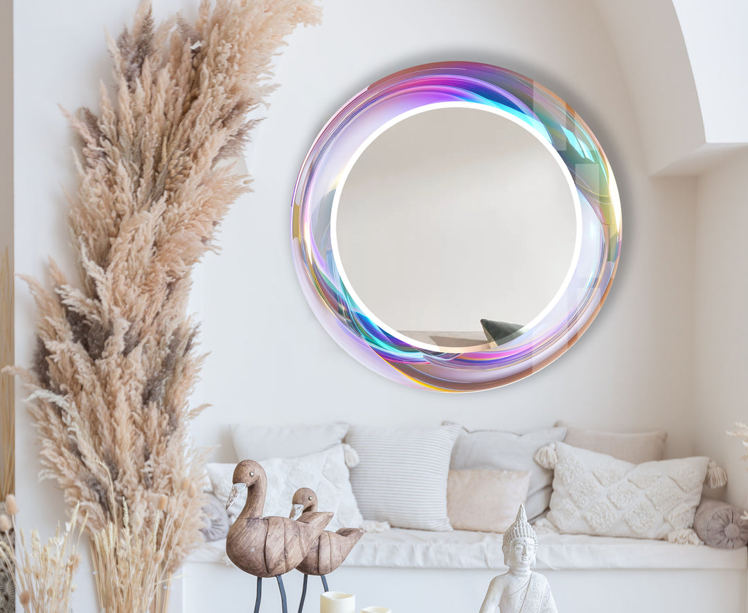 Holographic Swirl Glass Mirror – Iridescent Frame for Modern Decor