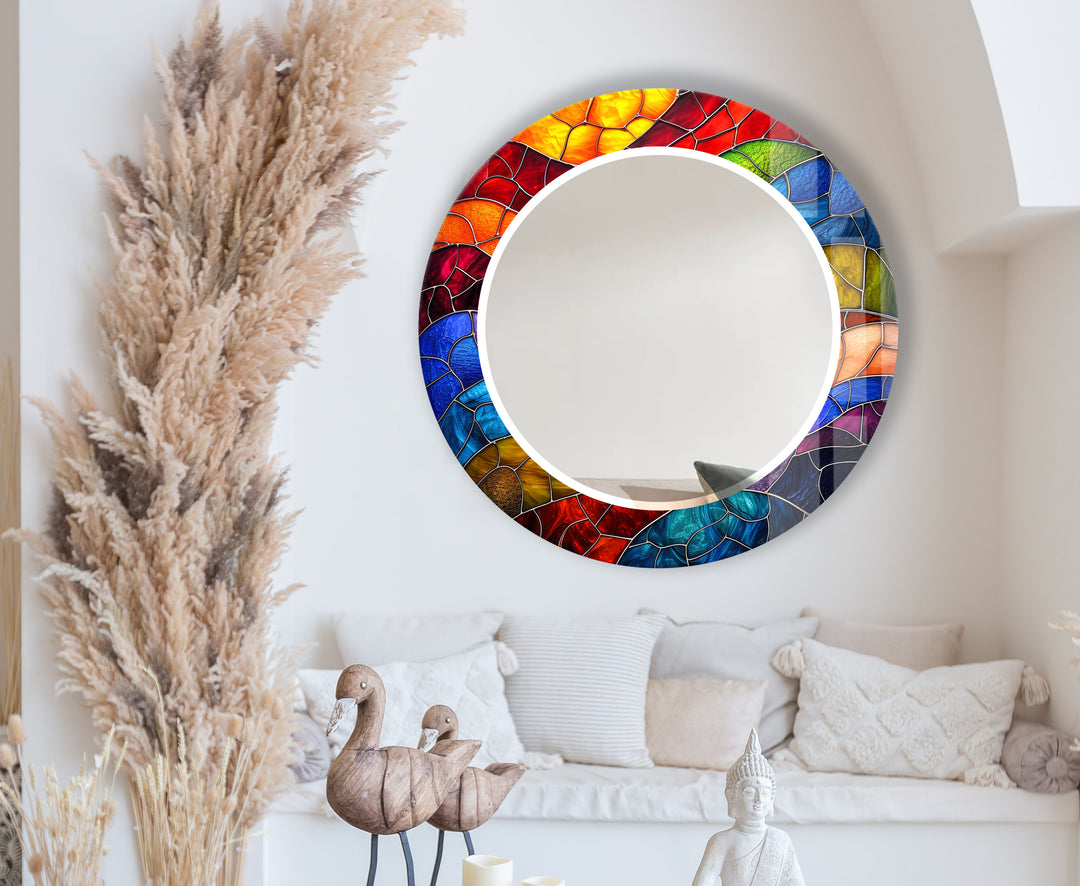 Colorful Stained Glass Round Mirror – Mosaic Frame Wall Accent