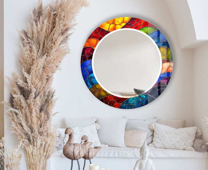 Colorful Stained Glass Round Mirror – Mosaic Frame Wall Accent