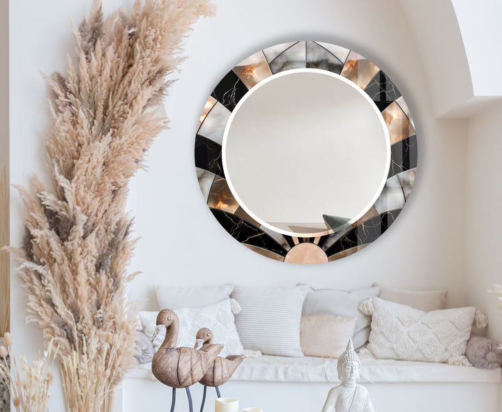 Black Marble Round Wall Mirror – Elegant Sunburst Frame Accent