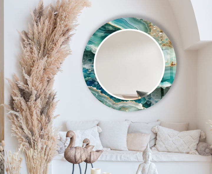 Green Agate Round Wall Mirror – Gemstone Pattern Glass Frame for Boho Interiors