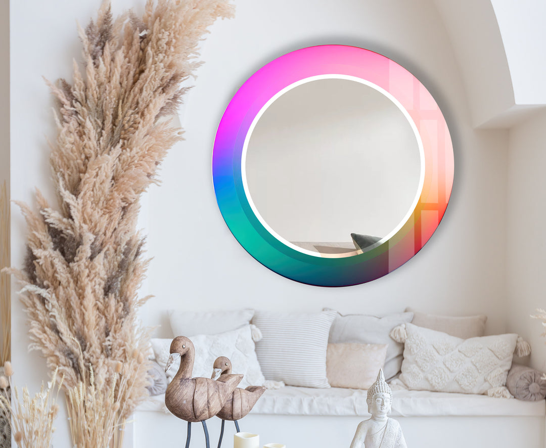 Gradient Rainbow Round Mirror – Pink Turquoise Frame for Decor