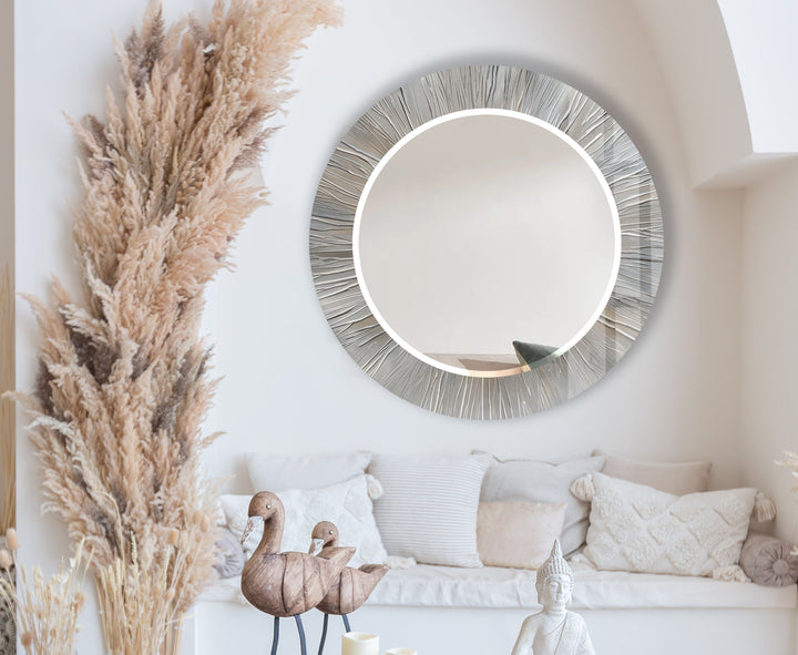 Silver Burst Round Wall Mirror – Textured Frame for Elegant Modern Decor
