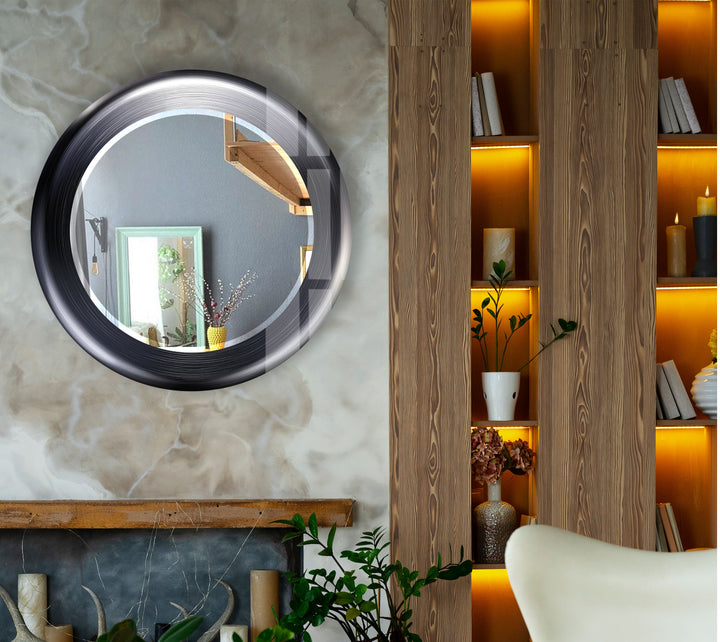 Modern Round Glass Wall Mirror – Sleek Black Frame, Minimalist Living Room Accent