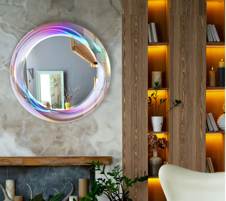 Holographic Swirl Glass Mirror – Iridescent Frame for Modern Decor