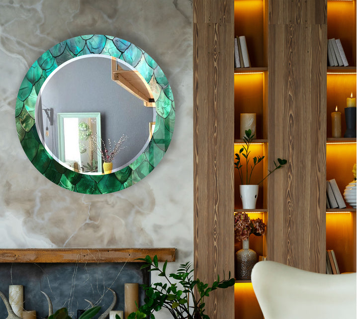 Green Mosaic Round Mirror – Leaf Texture Frame for Natural Decor