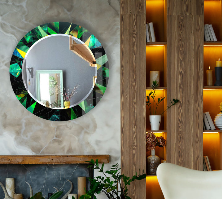 Emerald Geometric Round Mirror – Green Faceted Frame Wall Decor