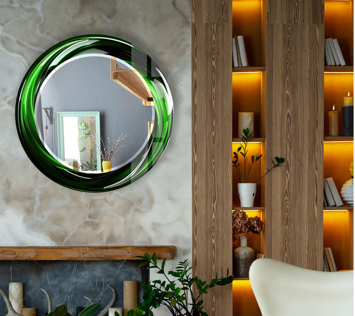 Green Swirl Round Mirror – Bold Glass Frame for Modern Wall Decor