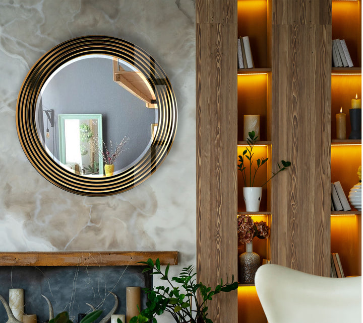 Modern Round Wall Mirror with Gold Striped Frame – Elegant Glass Decor for Living Room