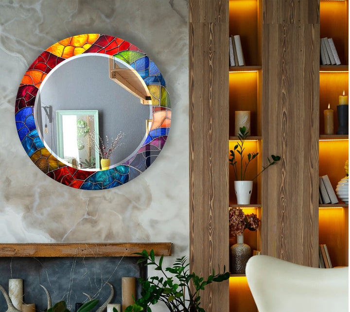 Colorful Stained Glass Round Mirror – Mosaic Frame Wall Accent